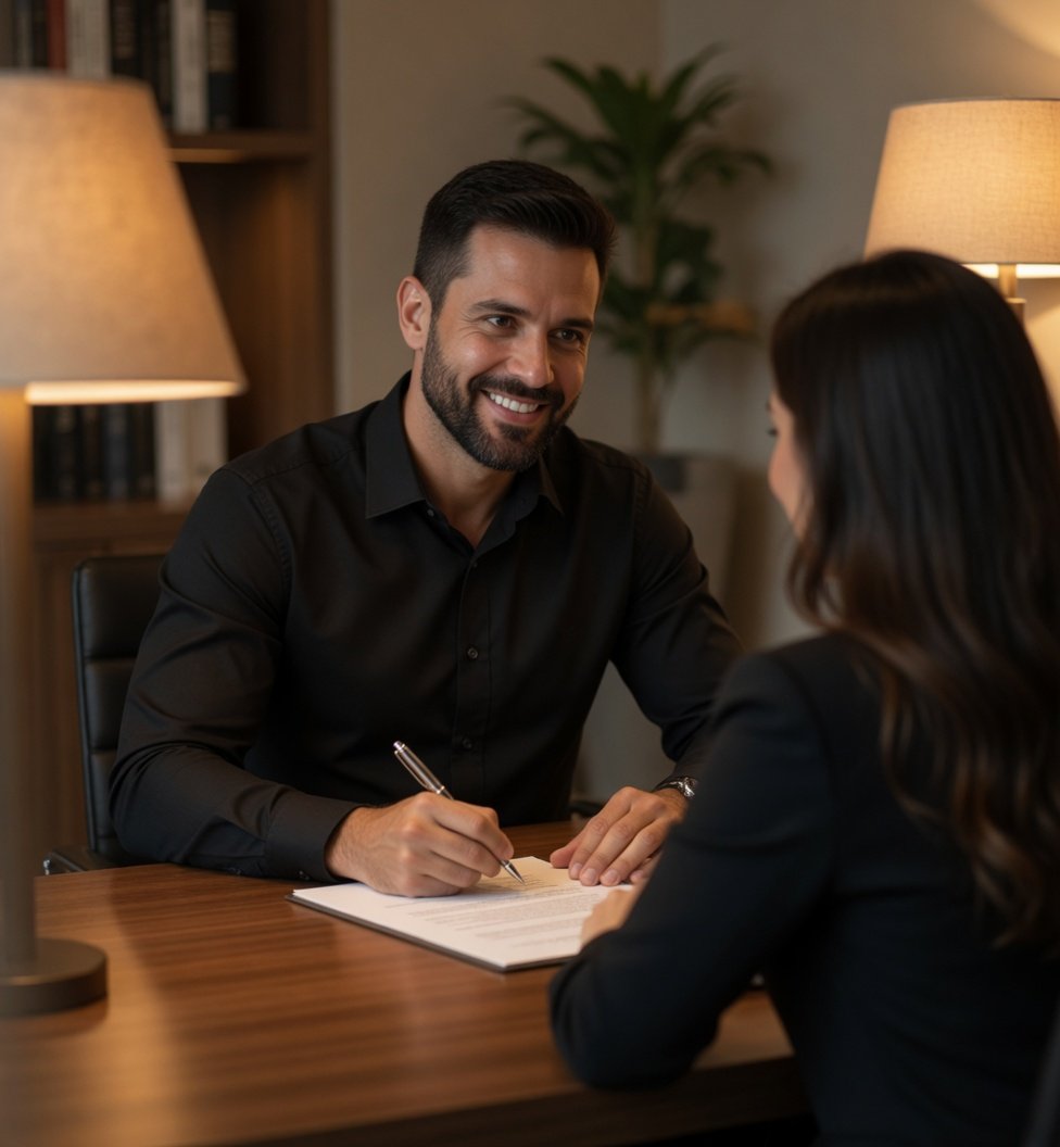 Consultor da ALTOA sorrindo enquanto atende uma cliente à mesa