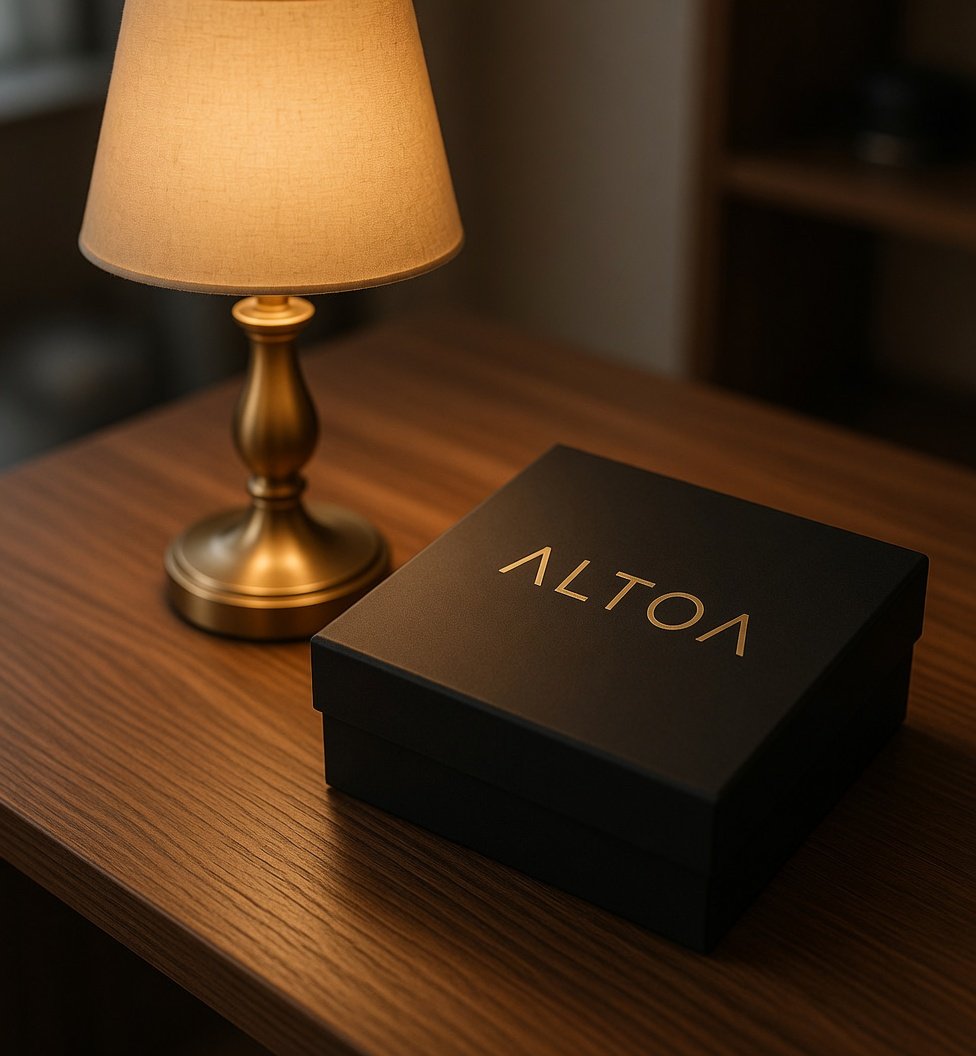 Luminária de metal dourado ao lado de uma caixa preta com a marca ALTOA