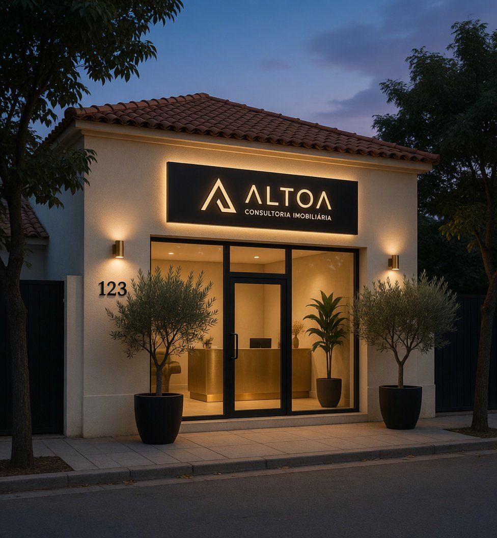 Fachada da ALTOA ao entardecer, com letreiro dourado e luz quente no interior