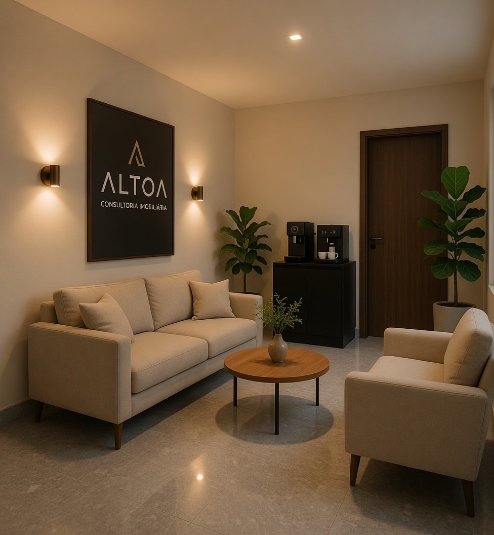 Recepção da ALTOA com sofá de linho, mesa de centro e pôster da marca