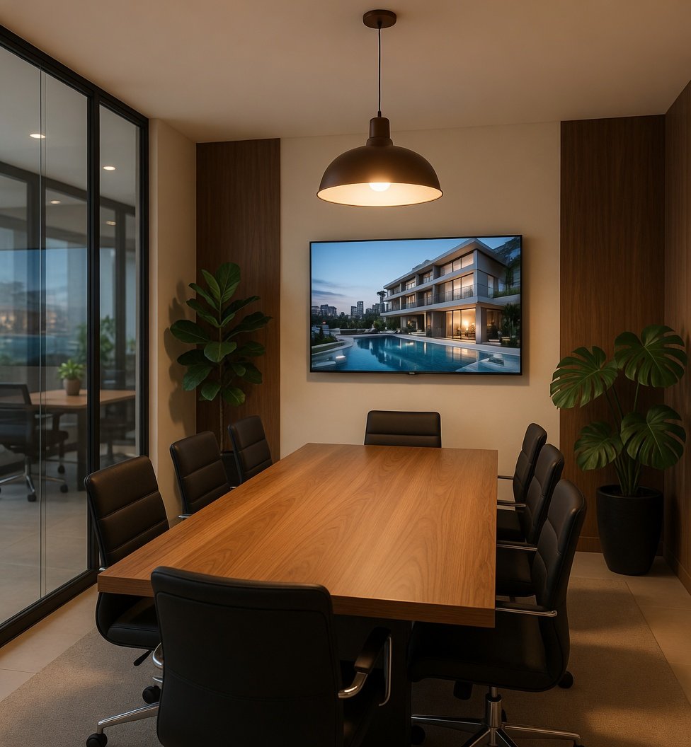 Sala de reunião com mesa de madeira, cadeiras pretas e TV com imóvel na tela