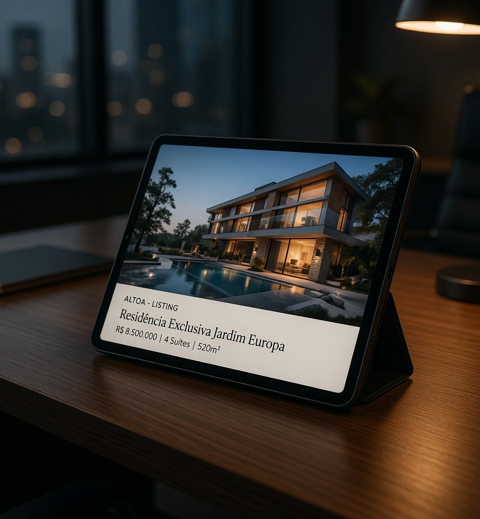 Tablet sobre a mesa exibindo um imóvel e os dados da listagem